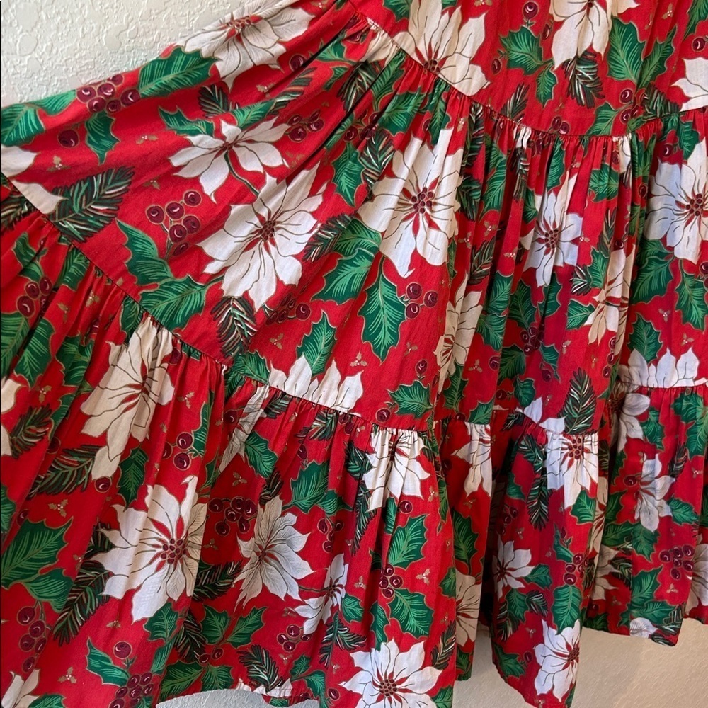 Handmade One of a Kind Tiered Skirt with a Poinsettia and Holly Print - Picture 2 of 8